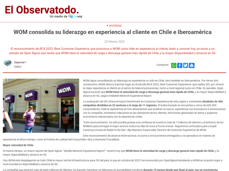 WOM consolida su liderazgo en experiencia al cliente en Chile e Iberoamérica
