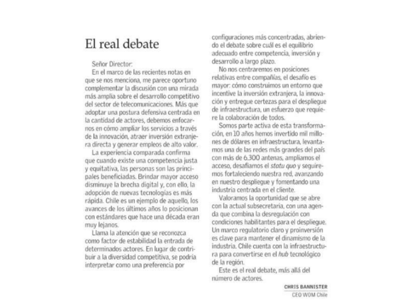 Carta al Director Chris Bannister: El real debate